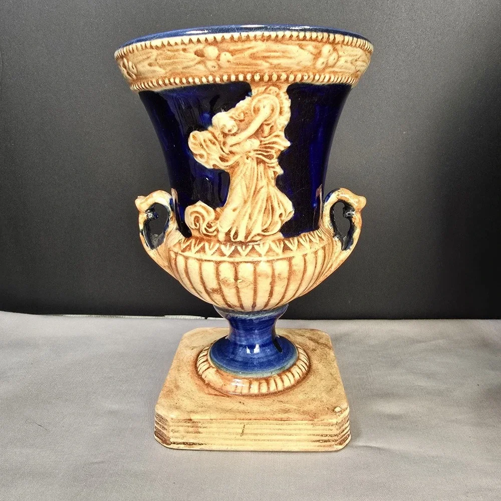 Vintage Made in Japan Majolica-Style Vase | Classical Greek Figures | 7.5